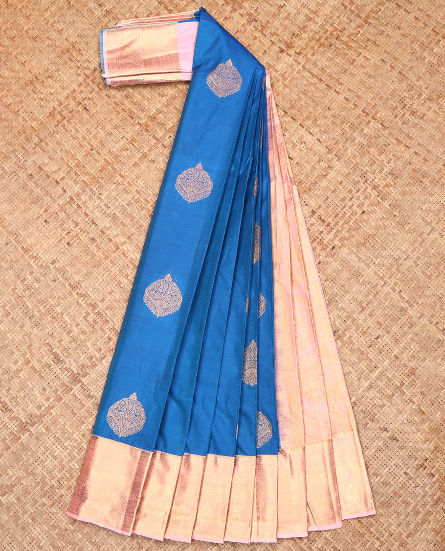 Blue Budget Silk Saree, Decked Up with Zari Buttas, Complemented by a Contrast Traditional Border, Grand Pallu, and a Contrast Blouse