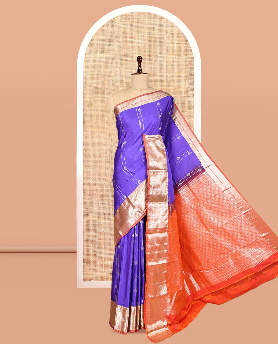 Violet Budget Silk Saree, Artfully Detailed with Zari Buttas, Complemented by a Contrast Traditional Border, Grand Jaal Pallu, and a Contrast Blouse