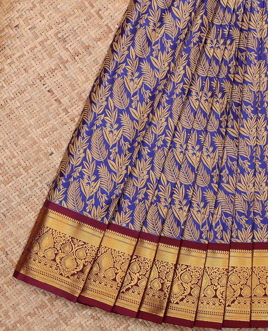 Blue Budget Silk Saree, Adorned with Floral Vine Design, Complemented by Contrast Traditional Zari Border, a Jaal Pallu and a Contrast Blouse