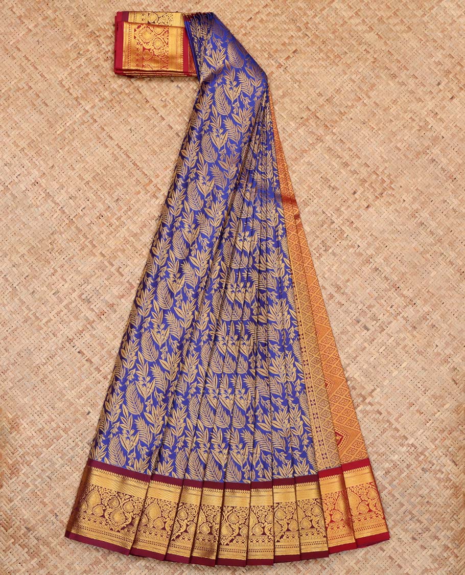 Blue Budget Silk Saree, Adorned with Floral Vine Design, Complemented by Contrast Traditional Zari Border, a Jaal Pallu and a Contrast Blouse