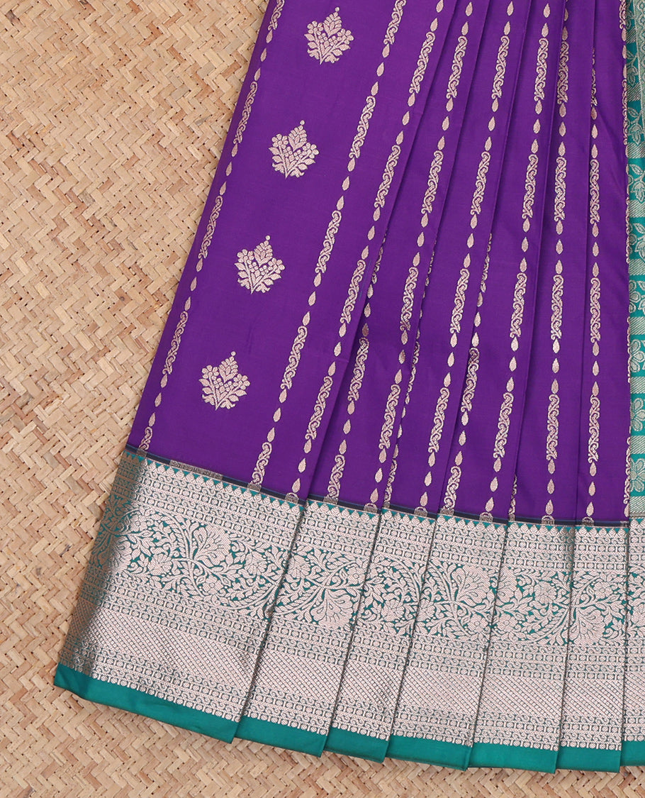 Violet Budget Silk Saree, Woven with Zari Designs, Complemented by a Contrast Traditional Zari Border, Floral Pallu, and a Contrast Blouse