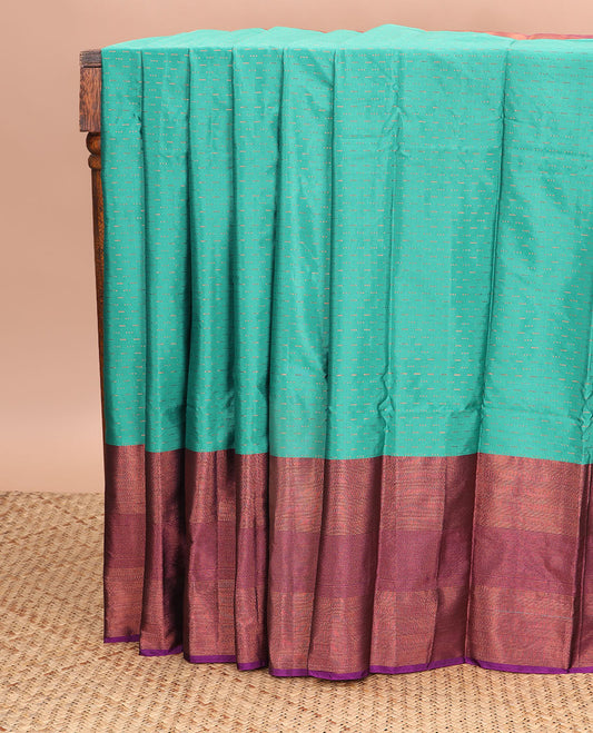 Green motifs gift saree with contrast zari design border & striped pallu