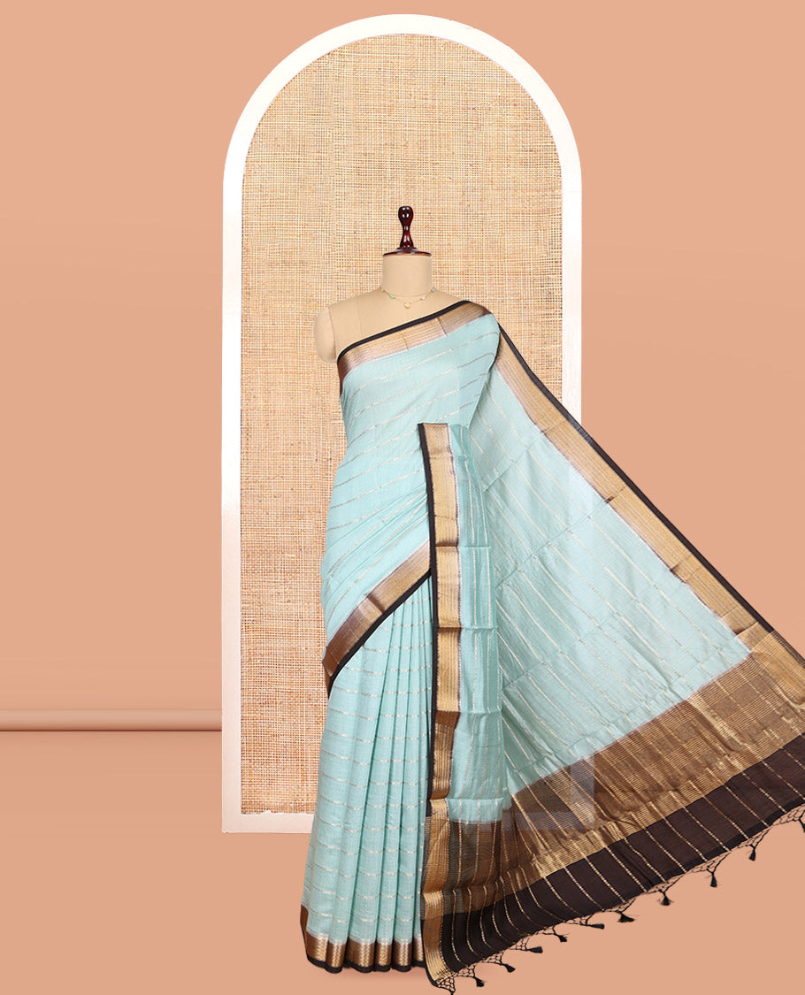 Blue Assam Silk Saree, Adorned with Zari Stripes, Complemented by Contrast Zari Border, Zari Striped Pallu, and Contrast Blouse