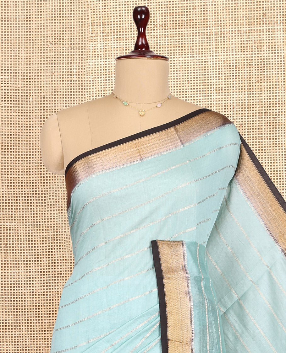 Blue Assam Silk Saree, Adorned with Zari Stripes, Complemented by Contrast Zari Border, Zari Striped Pallu, and Contrast Blouse