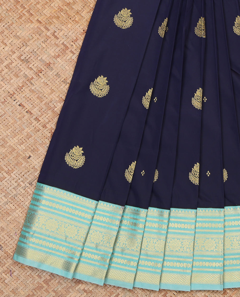 Navy Blue Budget Silk Saree, Woven with Zari Buttas, a Contrast Traditional Zari Border, Geometric Pallu, and a Contrast Blouse