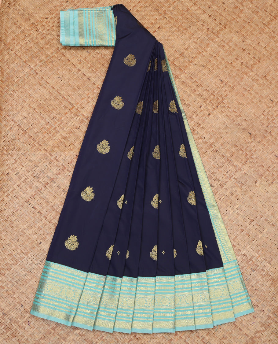Navy Blue Budget Silk Saree, Woven with Zari Buttas, a Contrast Traditional Zari Border, Geometric Pallu, and a Contrast Blouse