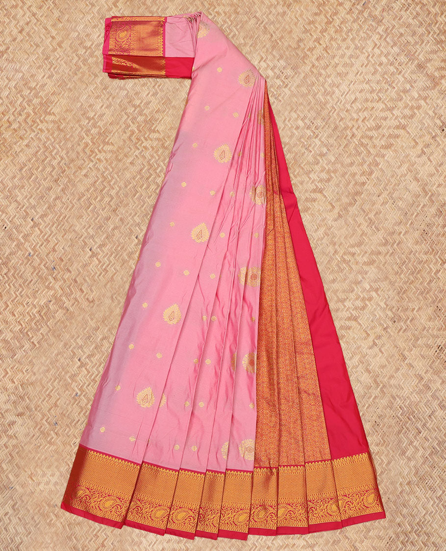 Pink Budget Silk Saree, Graced with Zari Buttas, a Contrast Traditional Zari Border, Grand Pallu, and a Contrast Blouse