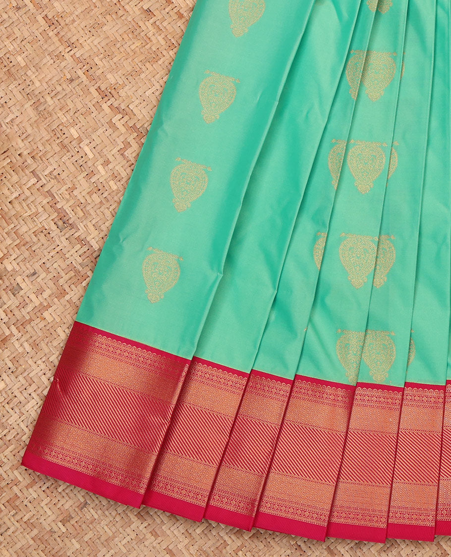 Turquoise Budget Silk Saree, Detailed with Zari Buttas, a Contrast Traditional Ganga-Jamuna Border, Intricate Pallu, and a Contrast Blouse