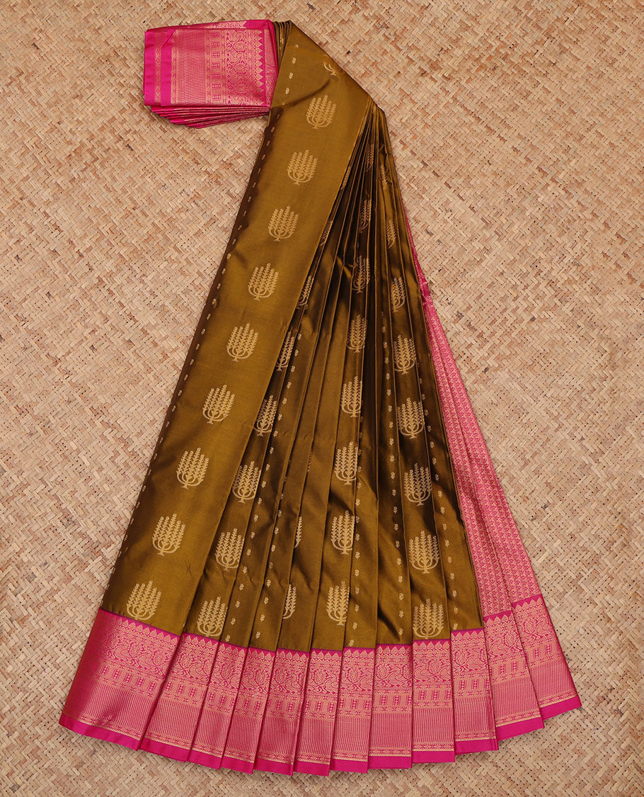 Brown Budget Silk Saree Featuring Zari Buttas, a Contrast Traditional Zari Border, Grand Pallu, and a Contrast Blouse