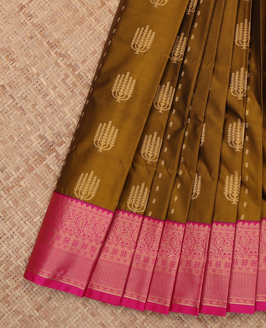Brown Budget Silk Saree Featuring Zari Buttas, a Contrast Traditional Zari Border, Grand Pallu, and a Contrast Blouse