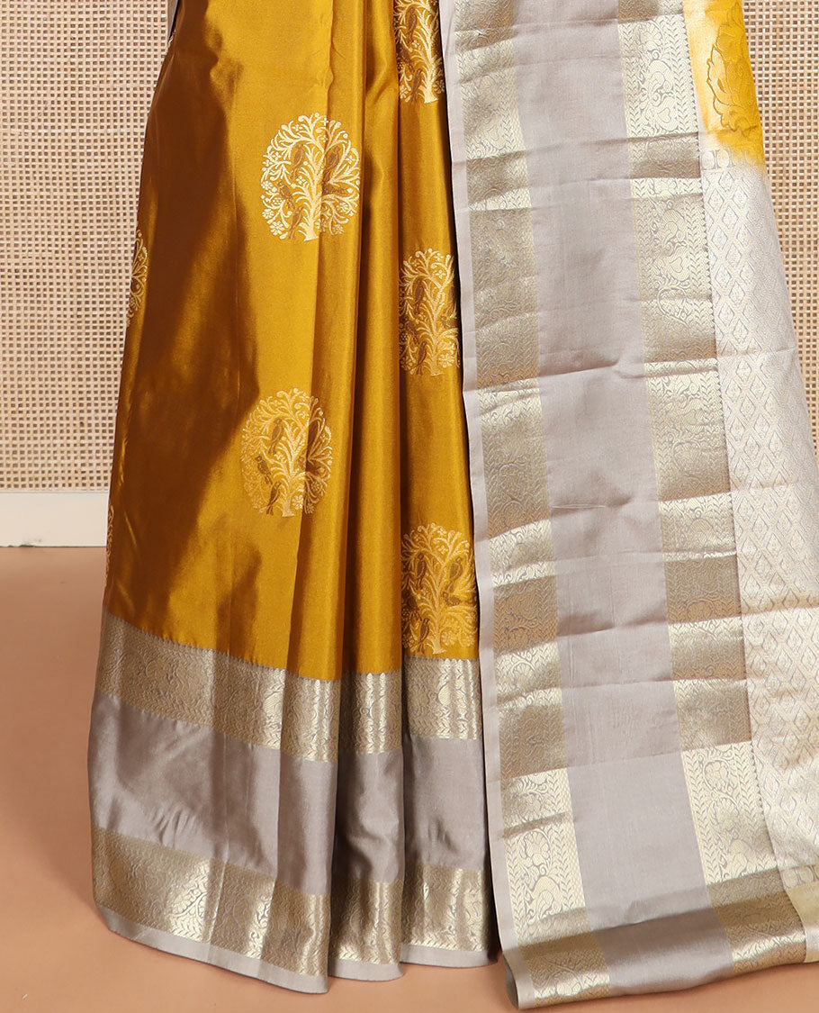 Gold zari buttas budget silk saree, contrast traditional zari motifs rettai pettu border, and jaal pallu