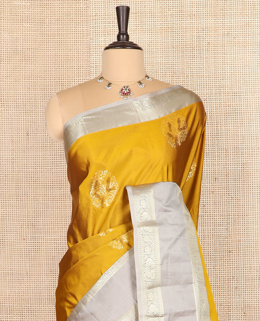 Gold zari buttas budget silk saree, contrast traditional zari motifs rettai pettu border, and jaal pallu