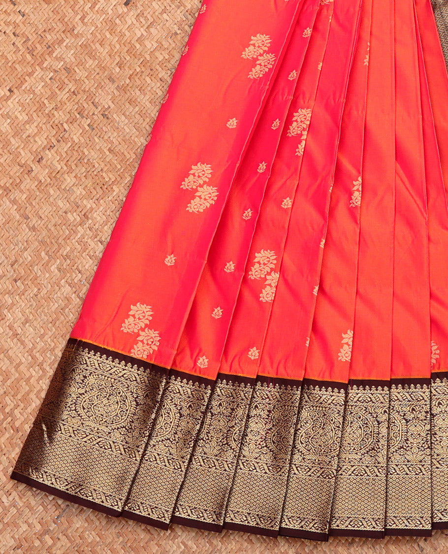 Orange Budget Silk Saree, Detailed with Zari Buttas, Complemented by a Contrast Traditional Zari Border, Intricate Pallu, and Contrast Blouse