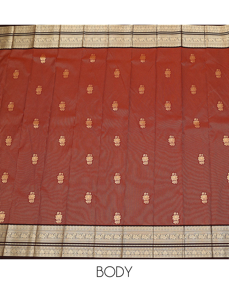 Maroon zari buttas and striped budget silk saree, contrast traditional zari design border, and jaal pallu