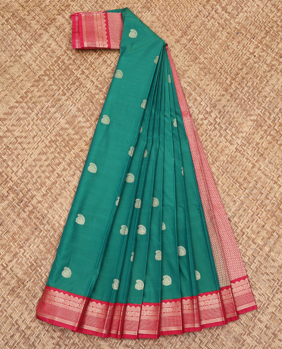 Green Budget Silk Saree, Beautifully Bedecked with Paisley Buttas All Over Its Body, Complemented by a Contrast Traditional Zari Design Border, Sparsely Woven Jaal Pallu, and Paired with a Contrast Blouse