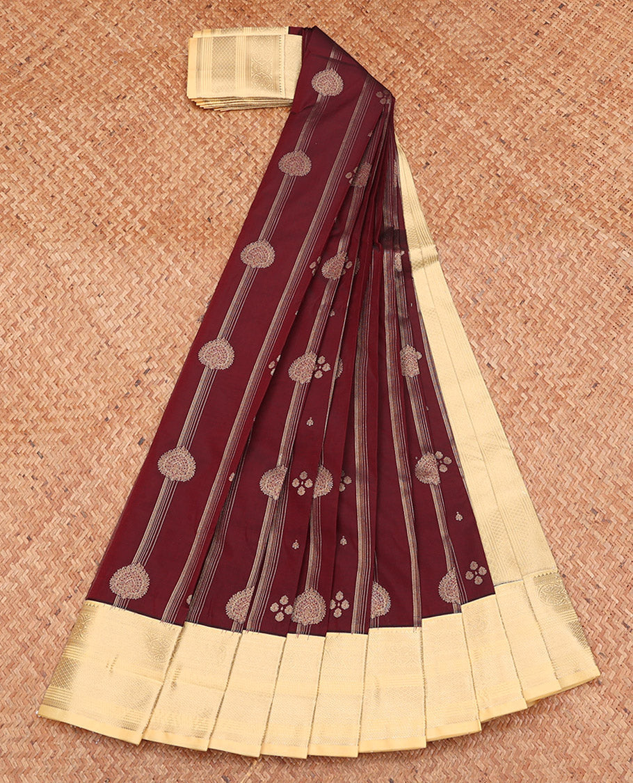 Brown Budget Silk Saree, Embellished with Zari Designs, Complemented by a Contrast Traditional Zari Border, Sparsely Woven Pallu, and a Contrast Blouse