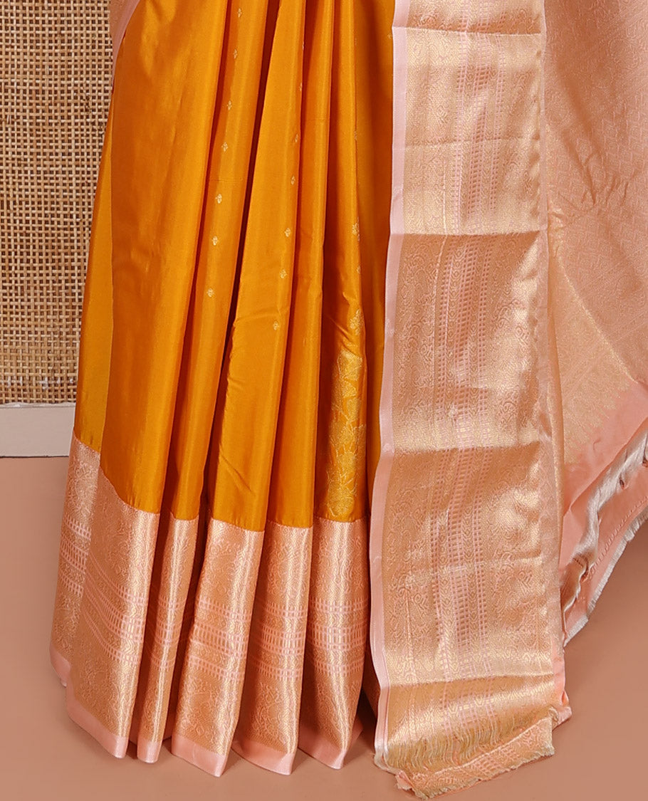 Yellow Budget Silk Saree, Highlighted with Zari Buttas on Its Body, Complemented by a Contrast Traditional Zari Design Border, Intricately Designed Pallu, and Paired with a Contrast Blouse