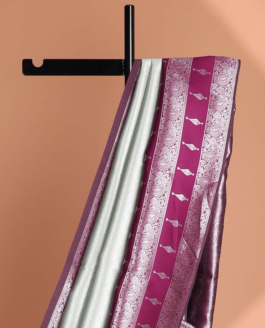 Mint green floral jacquard litchi silk saree with contrast zari design border & checked floral design pallu
