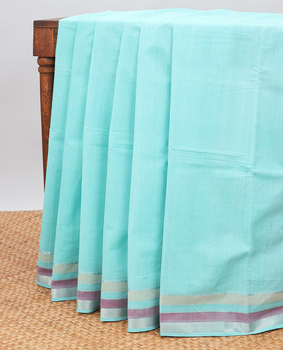 Light blue mangalagiri cotton saree with contrast striped border & multi-color striped pallu