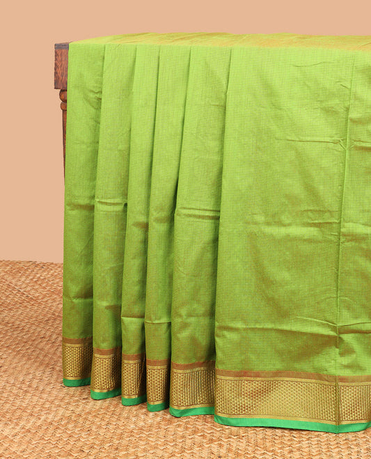 Light green nine yards cotton saree with contrast zari design border & traditional zari design pallu