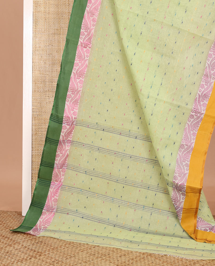 Green buttas Bengal cotton saree, contrast leaf creeper ganga jamuna border, and pallu of stripes, and buttas
