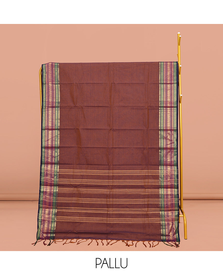 Brown Plain Chettinad Cotton Saree, Complemented by a Contrasting Traditional Zari Design Border, Pallu of Stripes, and Paired with a Matching Blouse