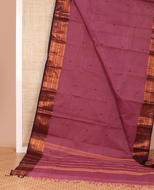 Red buttas Chettinad cotton saree, contrast traditional zari design border, and pallu of stripes