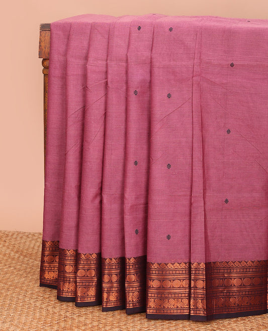 Red buttas Chettinad cotton saree, contrast traditional zari design border, and pallu of stripes