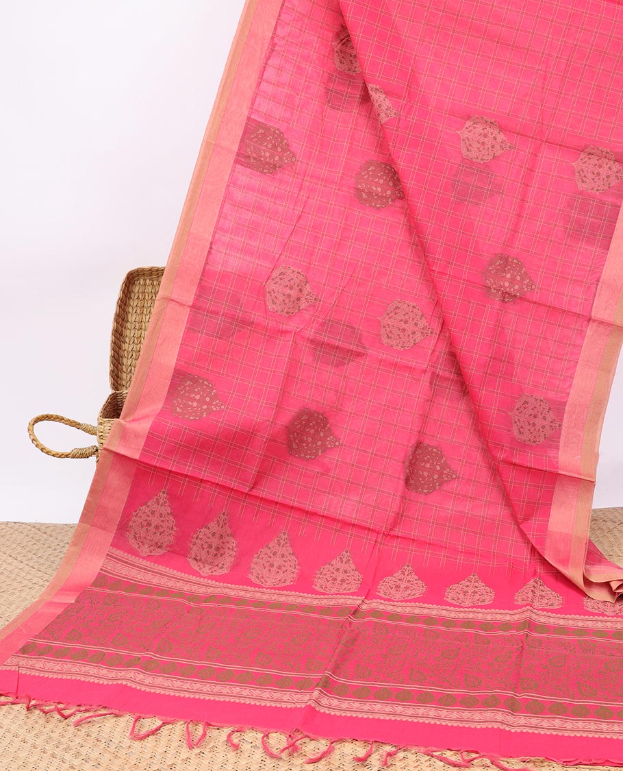 Pink checked & buttas Coimbatore cotton saree, contrast plain border & floral vine printed pallu