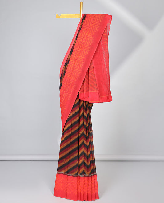 Multi colored striped ikkat cotton saree with contrast border & geomentric design pallu