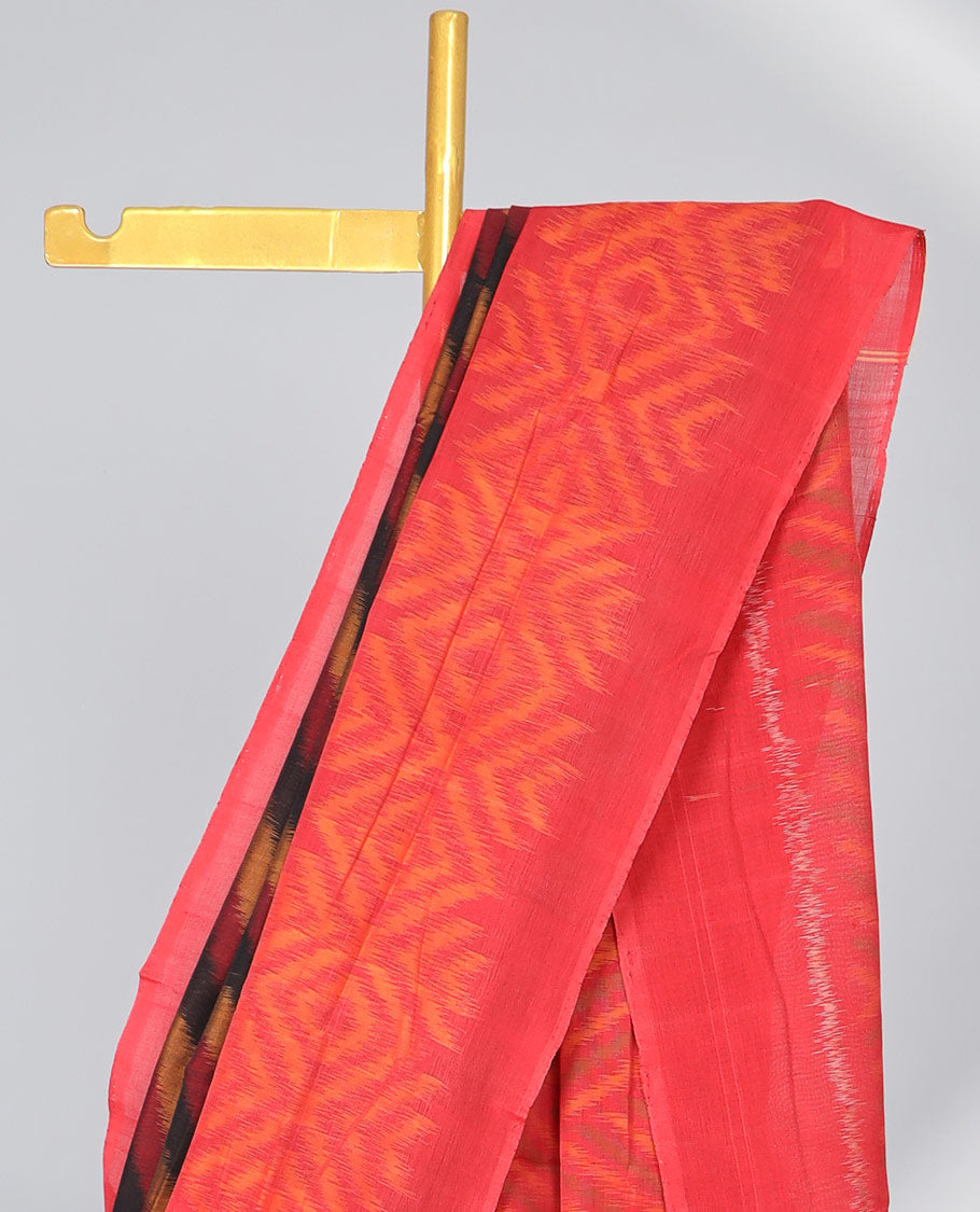 Multi colored striped ikkat cotton saree with contrast border & geomentric design pallu