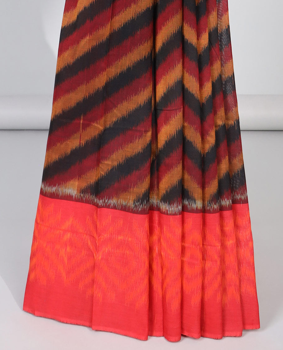 Multi colored striped ikkat cotton saree with contrast border & geomentric design pallu