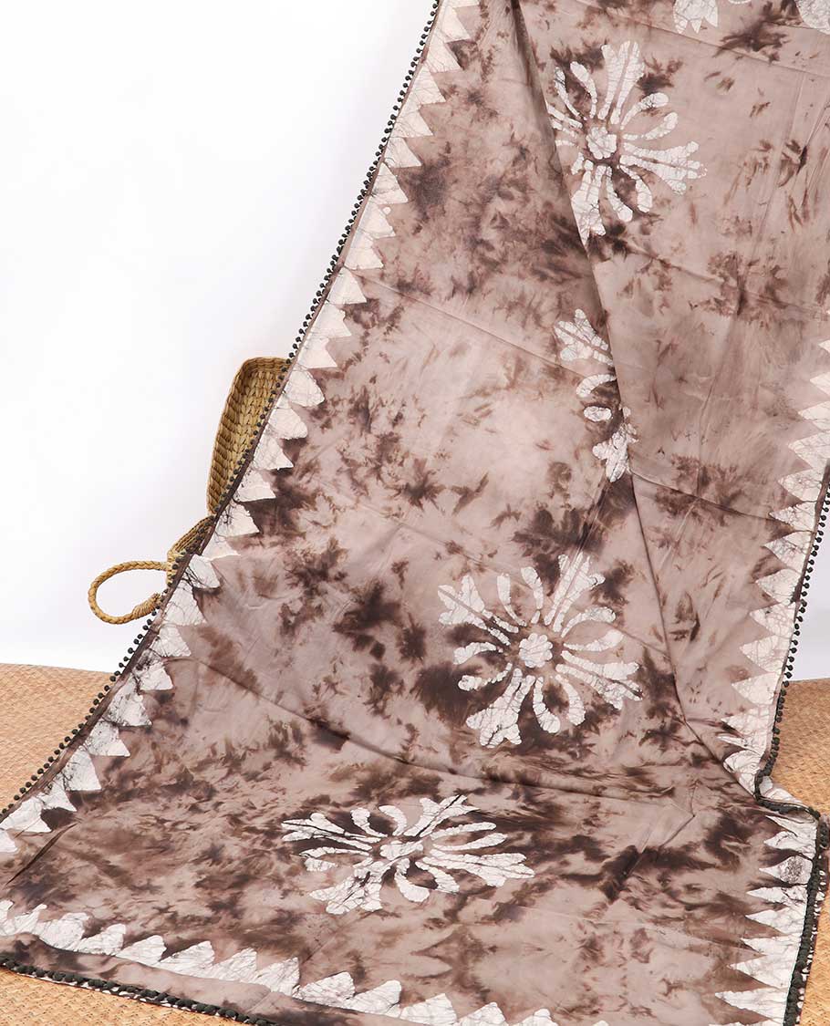 Brown all over batik style floral printed mul mul cotton saree & temple design border