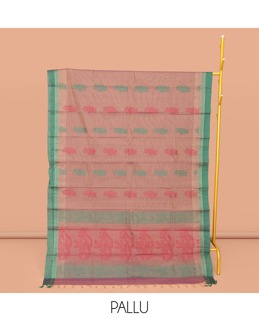 Brown Kanchi Cotton Saree, Subtly Threaded with Floral Buttas All Over Its Body, Complemented by Contrast Border, Pallu of Floral Designs, and Paired with a Matching Blouse