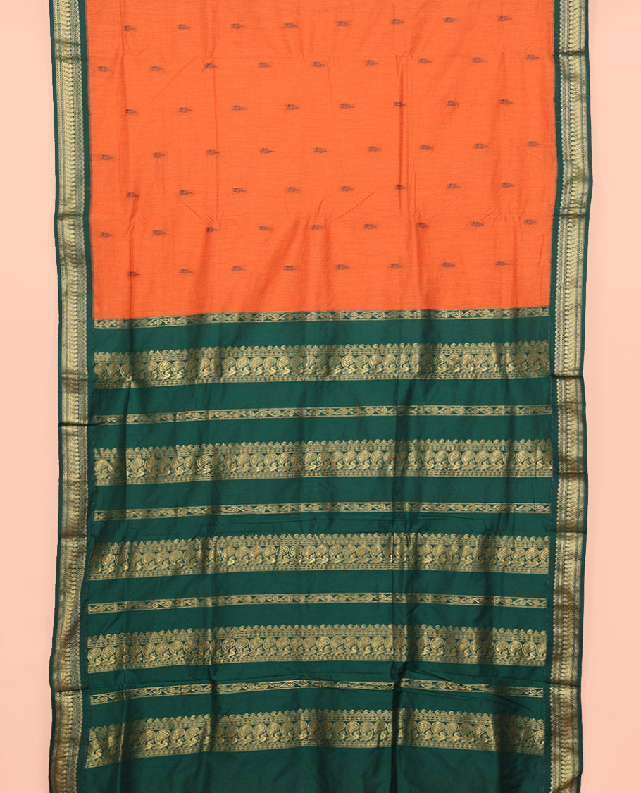 Orange Nine Yard Cotton Saree, Delicately Woven with Buttas All Over Its Body, Complemented by Contrast Traditional Zari Motifs Border, Pallu of Traditional Designs, and Comes Without a Blouse