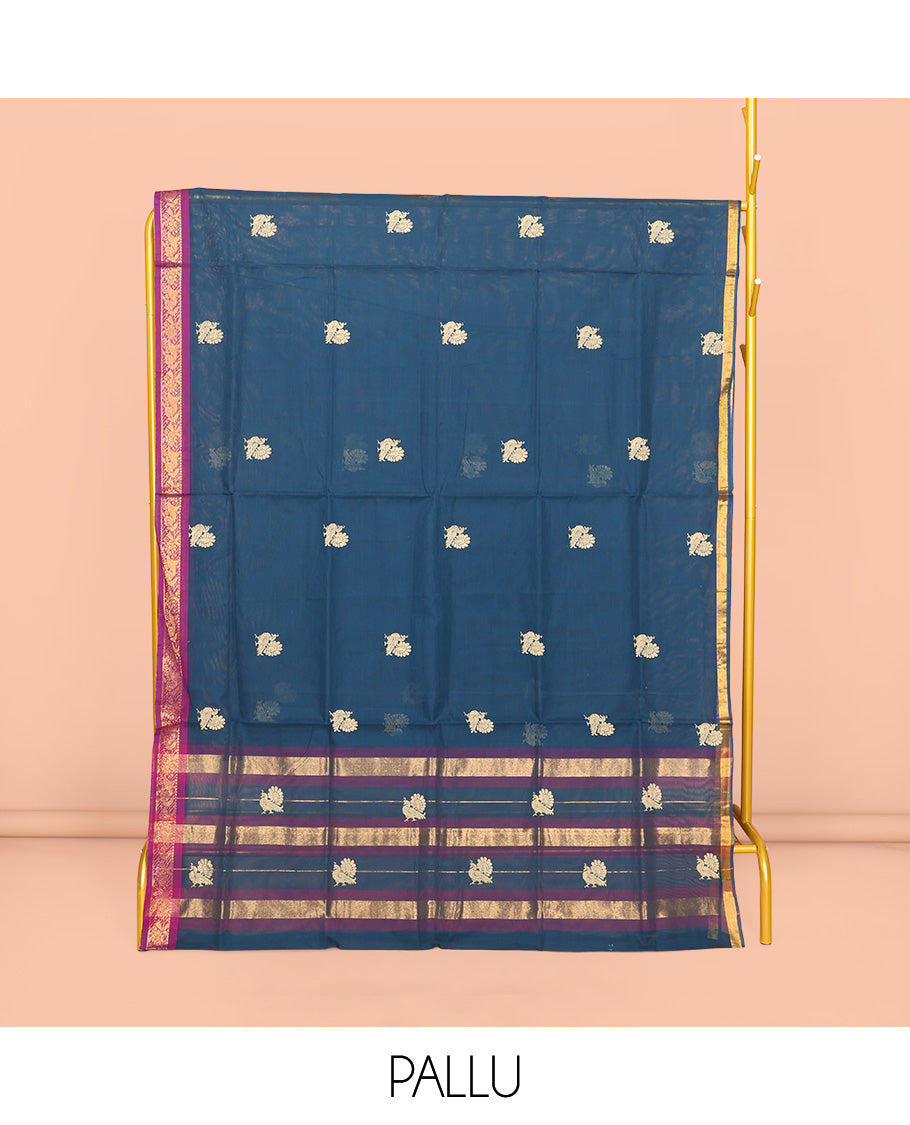 Blue Venkatagiri Cotton Saree, Bedecked with Peacock Buttas and Checks, a Contrast Traditional Zari Border, Pallu of Stripes, and No Blouse