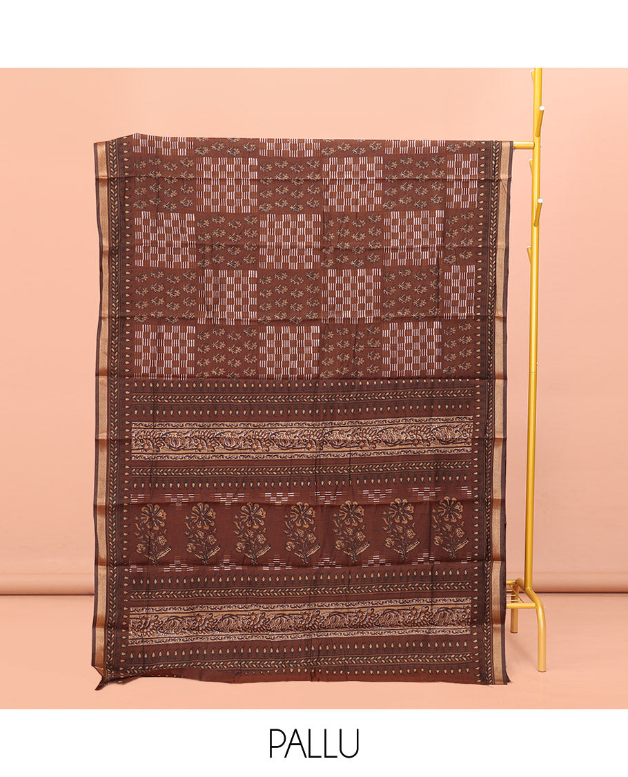 Brown Kanchi Cotton Saree, Detailed with Floral Motifs and Geometric Patterns All Over Its Body, a Subtle Self-Border, Pallu of Floral Designs, and Paired with a Matching Blouse