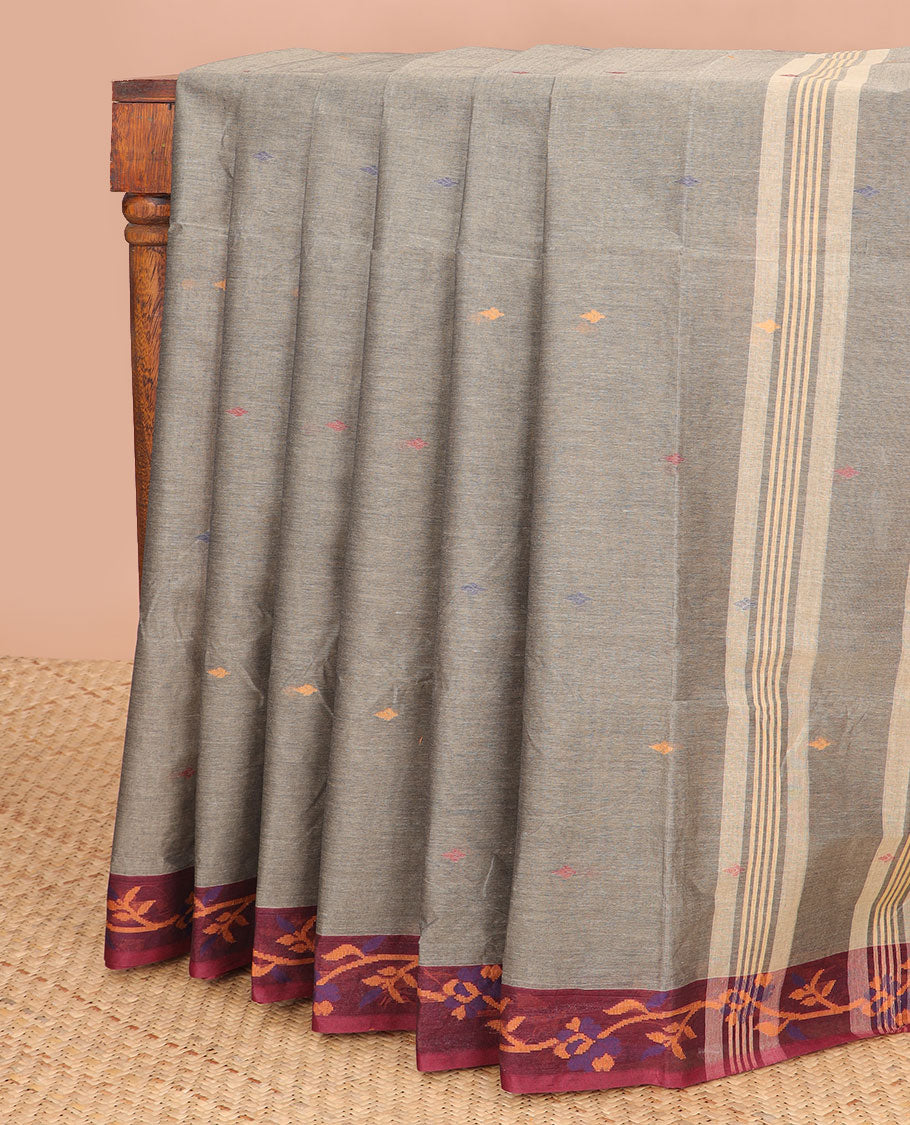 Grey floral motifs bengal cotton saree with contrast floral design border & striped, motifs pallu