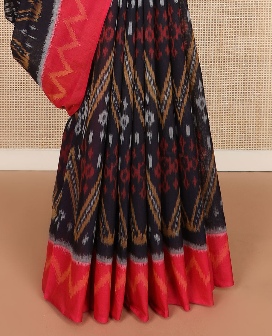 Black chevron design Pochampally cotton saree, contrast chevron design border & geometric patterned pallu
