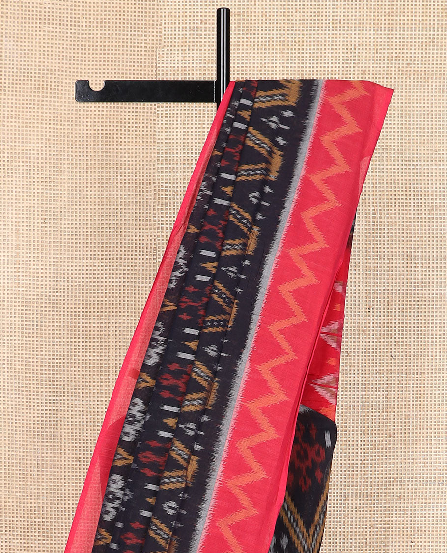 Black chevron design Pochampally cotton saree, contrast chevron design border & geometric patterned pallu