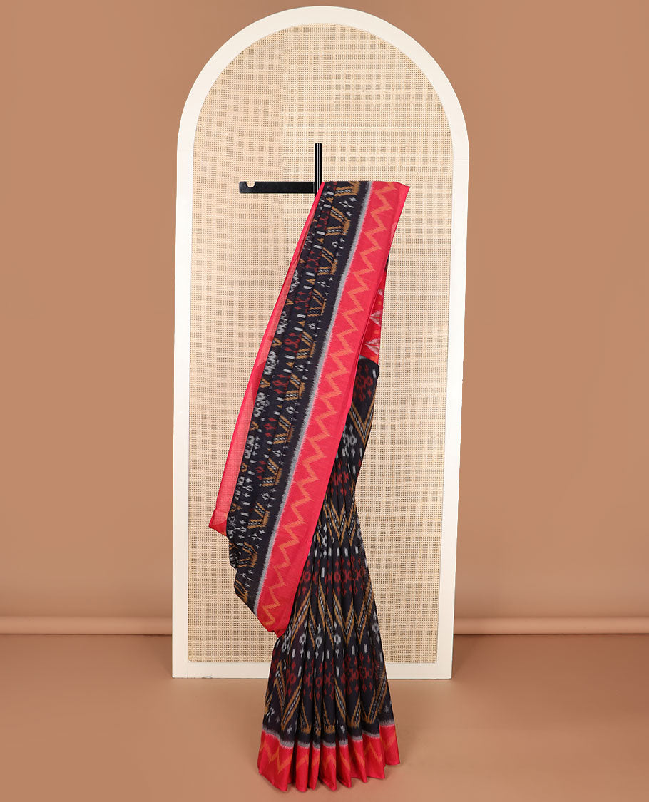 Black chevron design Pochampally cotton saree, contrast chevron design border & geometric patterned pallu