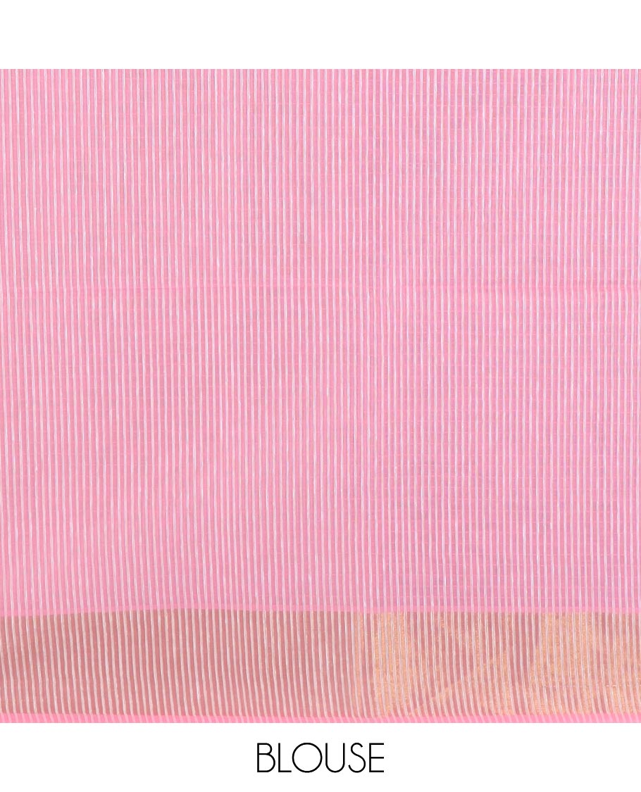 Candy pink plain jute cotton saree, zari border and striped pallu