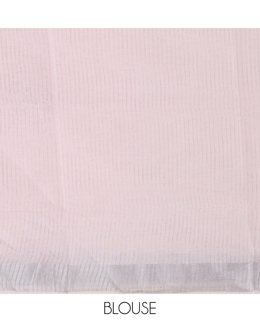 Pale baby pink spiral buttas printed cotton saree, zari border and striped pallu