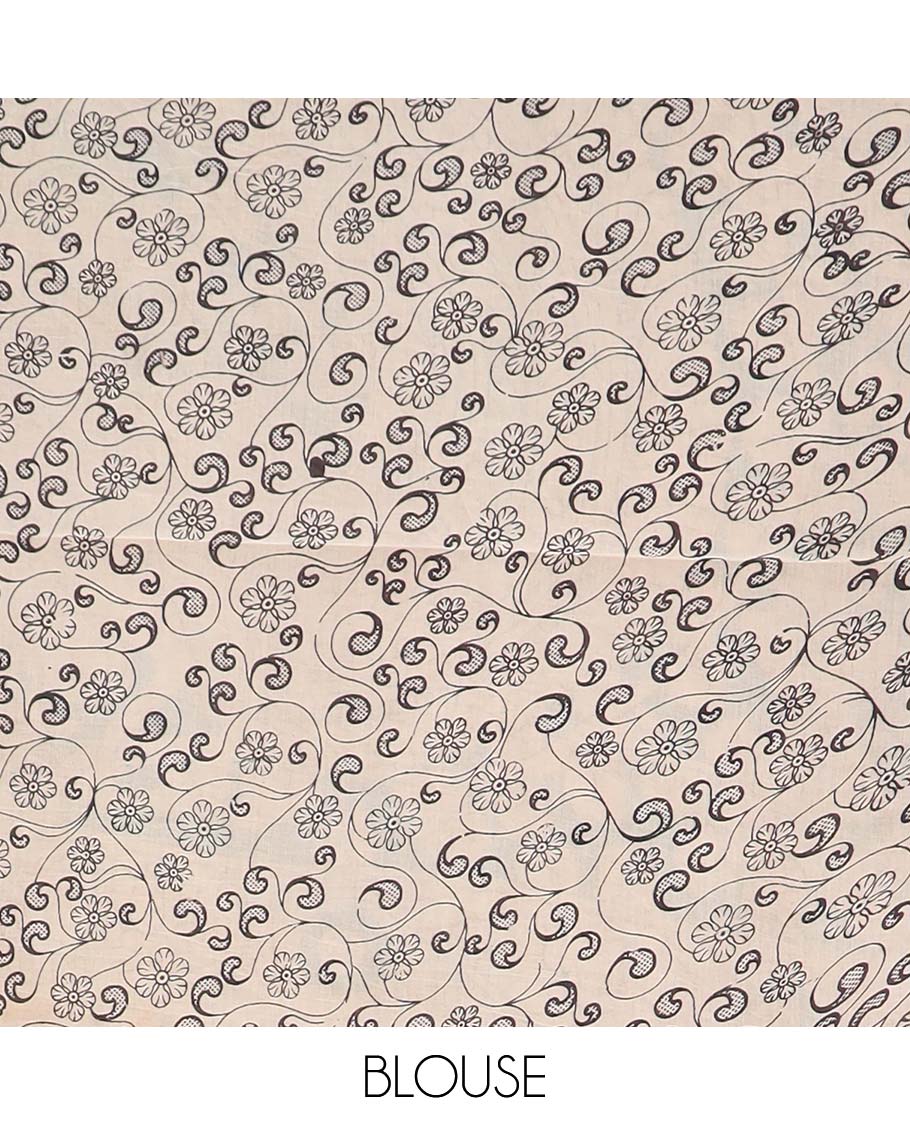 Green leaf machine printed kalamkari cotton saree, floral printed border, and pallu of peacock print