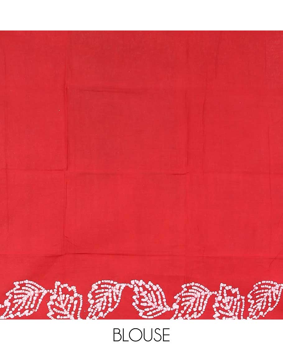 Maroon batik printed sungudi cotton saree, contrast floral batik border, and batik floral pallu