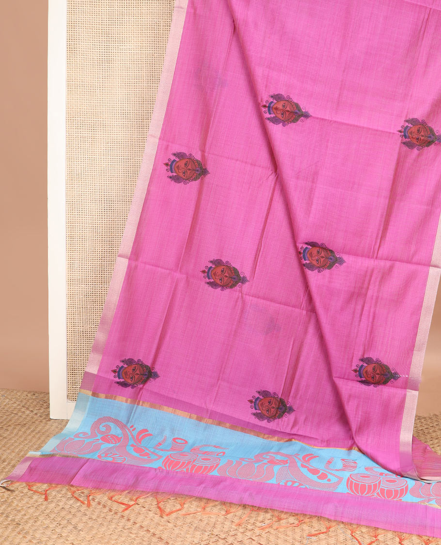 Rani pink kalamkari buttas printed chirala cotton saree, bavanji border, and contrast musical motifs print pallu