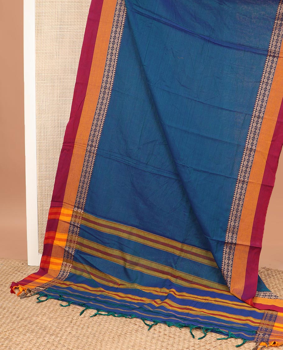 Blue plain Narayanapet cotton saree, contrast rudraksham and temple motifs thread woven border, and striped pallu