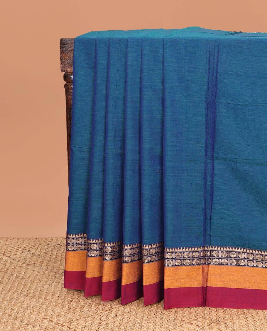 Blue plain Narayanapet cotton saree, contrast rudraksham and temple motifs thread woven border, and striped pallu