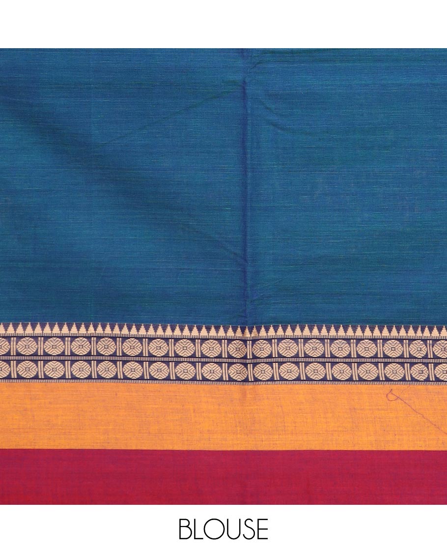 Blue plain Narayanapet cotton saree, contrast rudraksham and temple motifs thread woven border, and striped pallu
