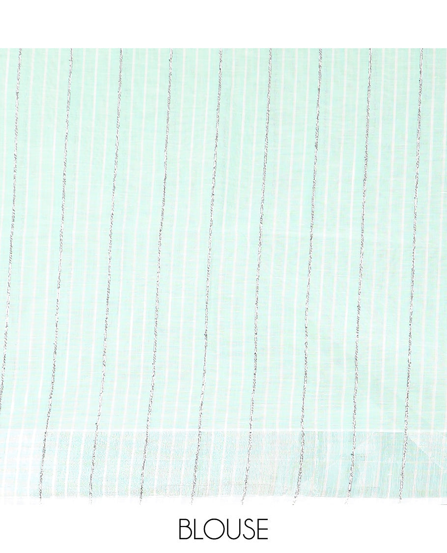 Green hand brushing style colorful floral printed jute cotton saree, zari with printed border, and striped pallu